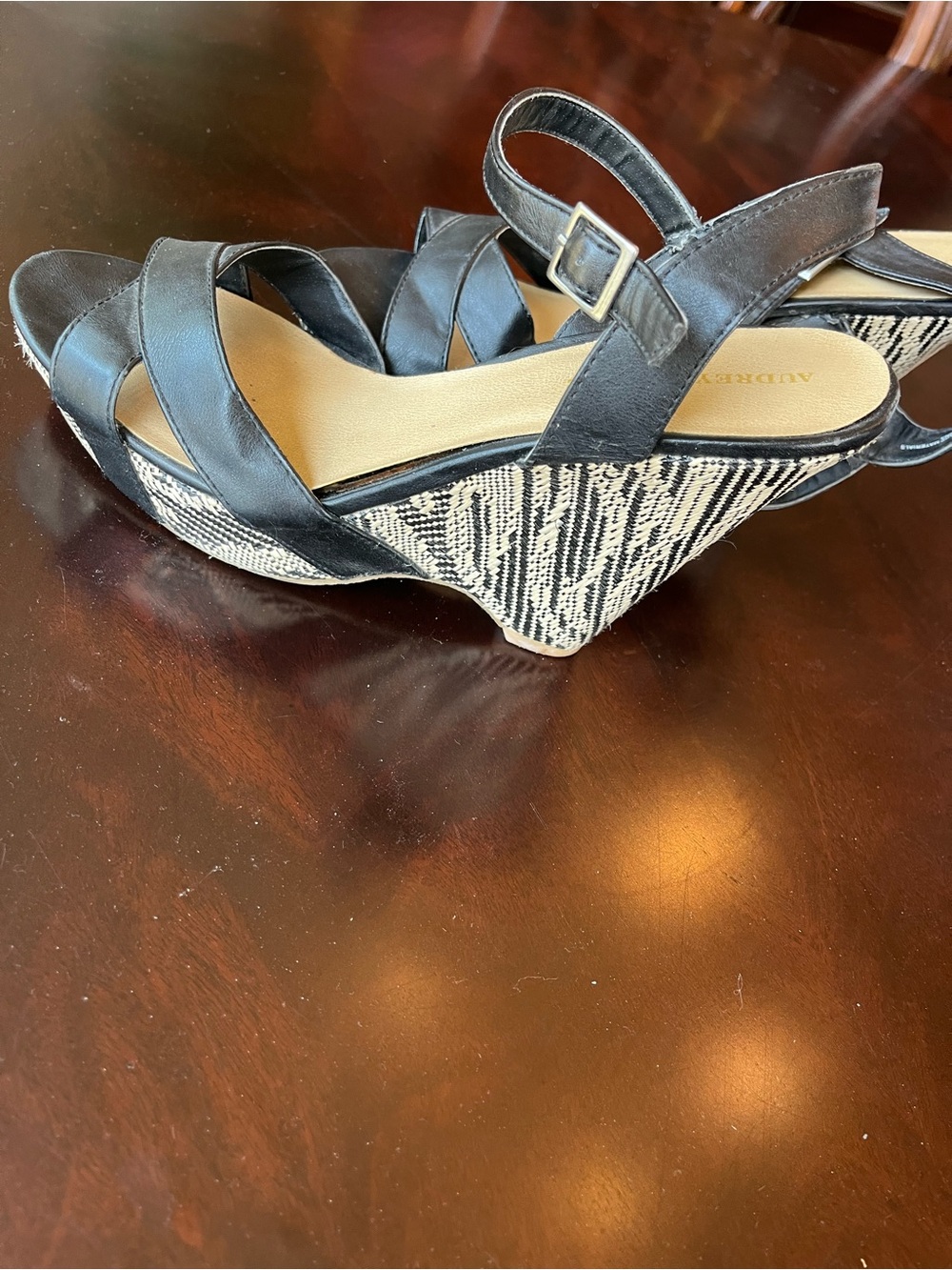 Audrey Brooke Black Strappy Wedges with Patterned Rope Heel
